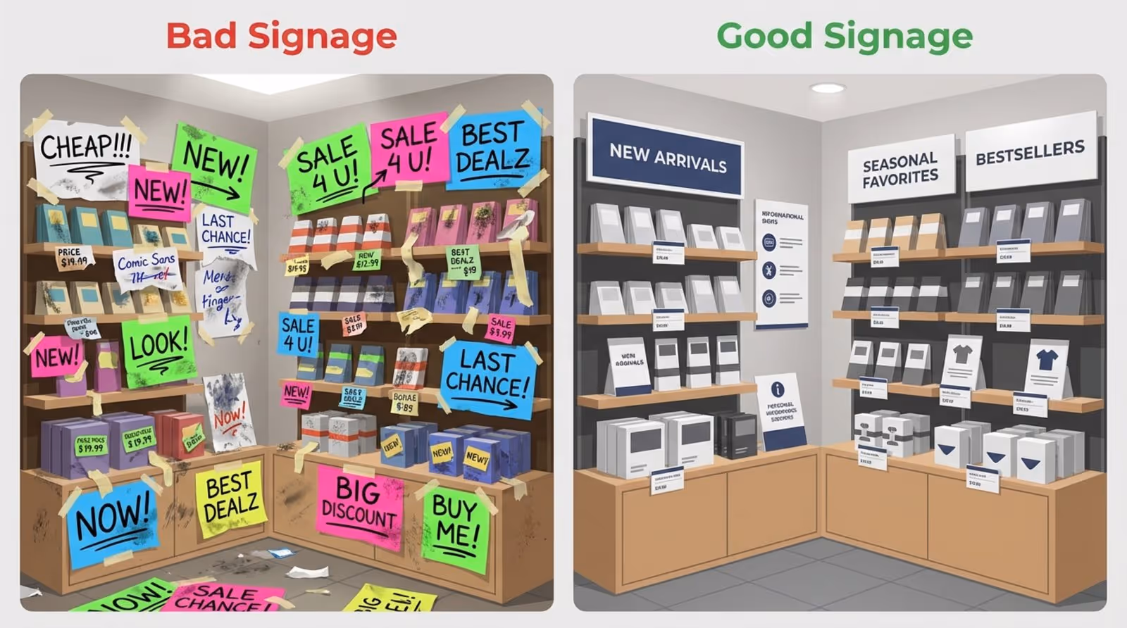 Side-by-side comparison of retail signage showing messy signs versus clean, professional signs for improved store appearance.