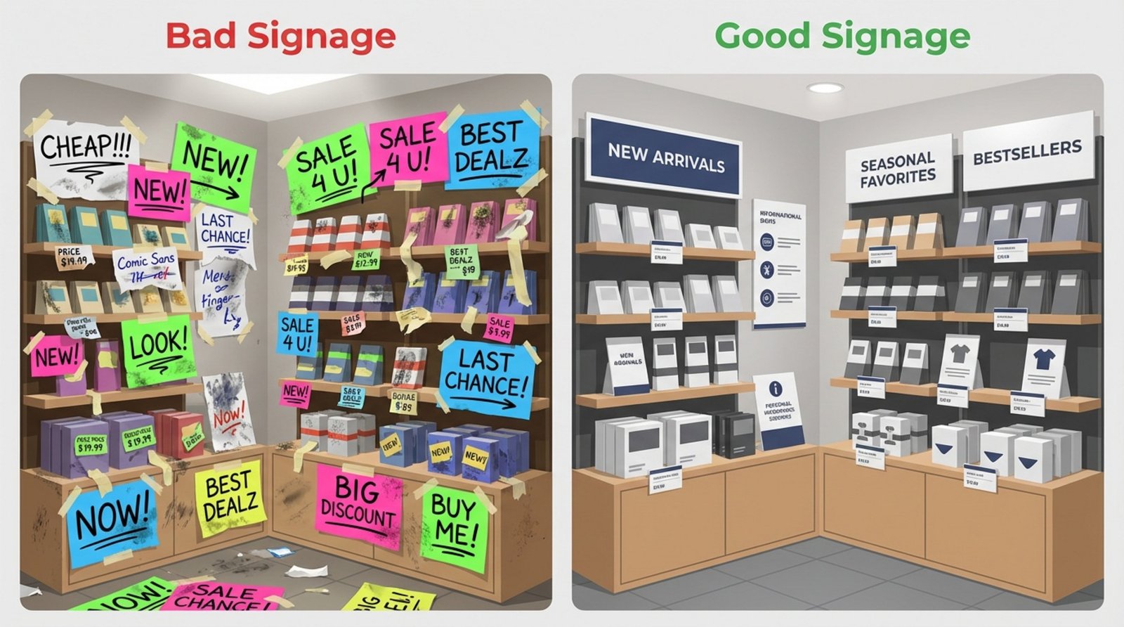 Side-by-side comparison of retail signage showing messy signs versus clean, professional signs for improved store appearance.