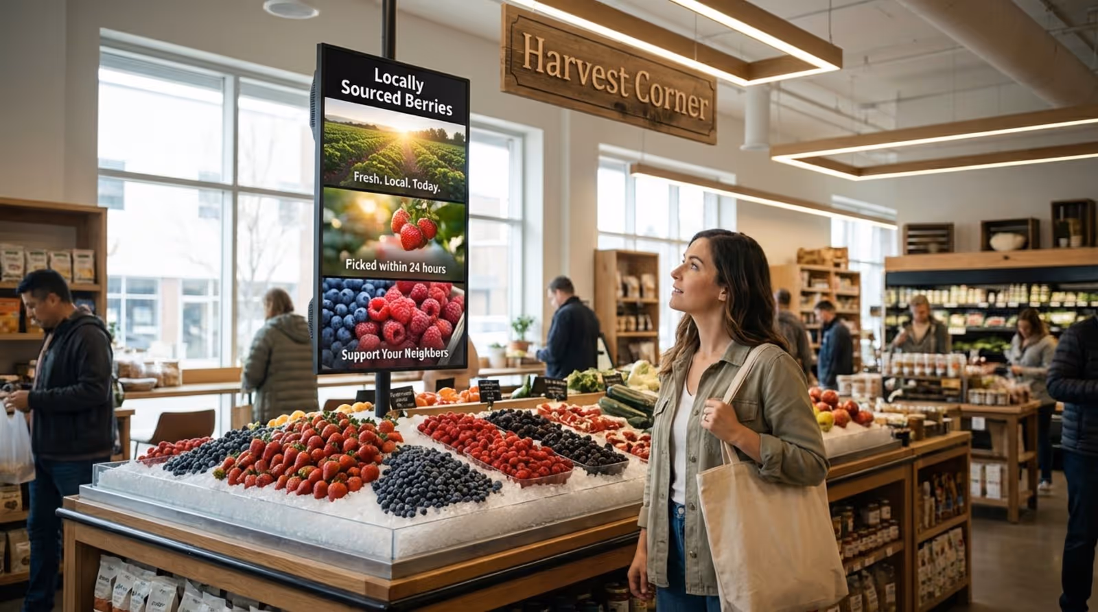 Inside a contemporary grocery store, a digital screen displays a vibrant advertisement for locally sourced berries, attracting shopper interest.