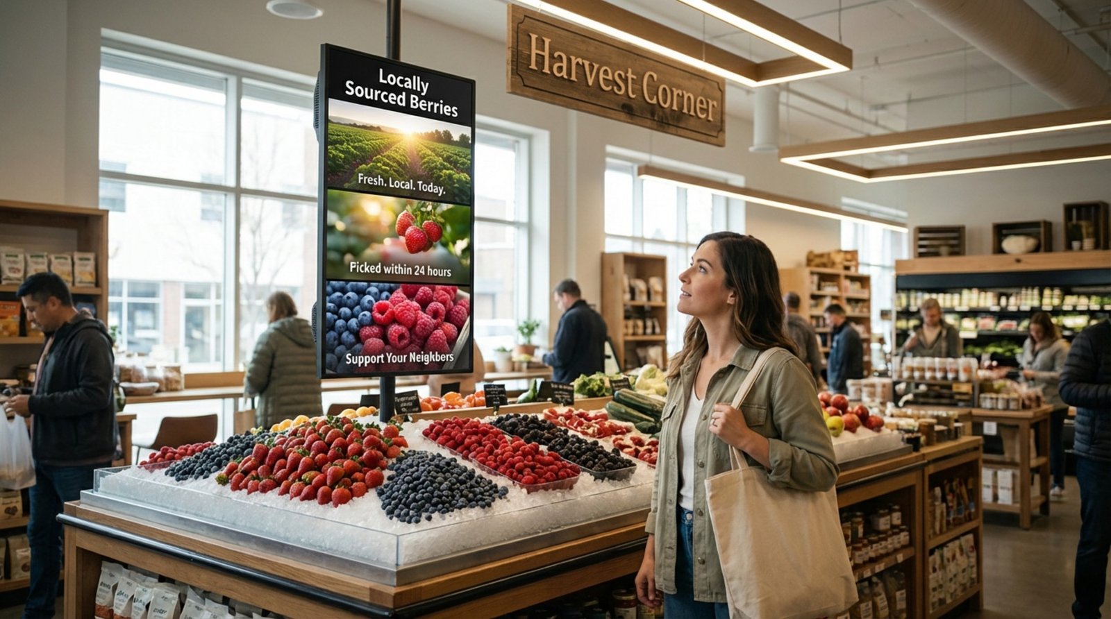 Inside a contemporary grocery store, a digital screen displays a vibrant advertisement for locally sourced berries, attracting shopper interest.