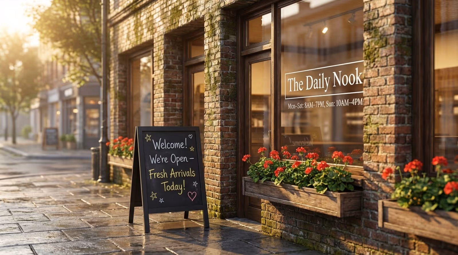 A welcoming storefront with a chalkboard sign and large window displaying store details in warm morning light.