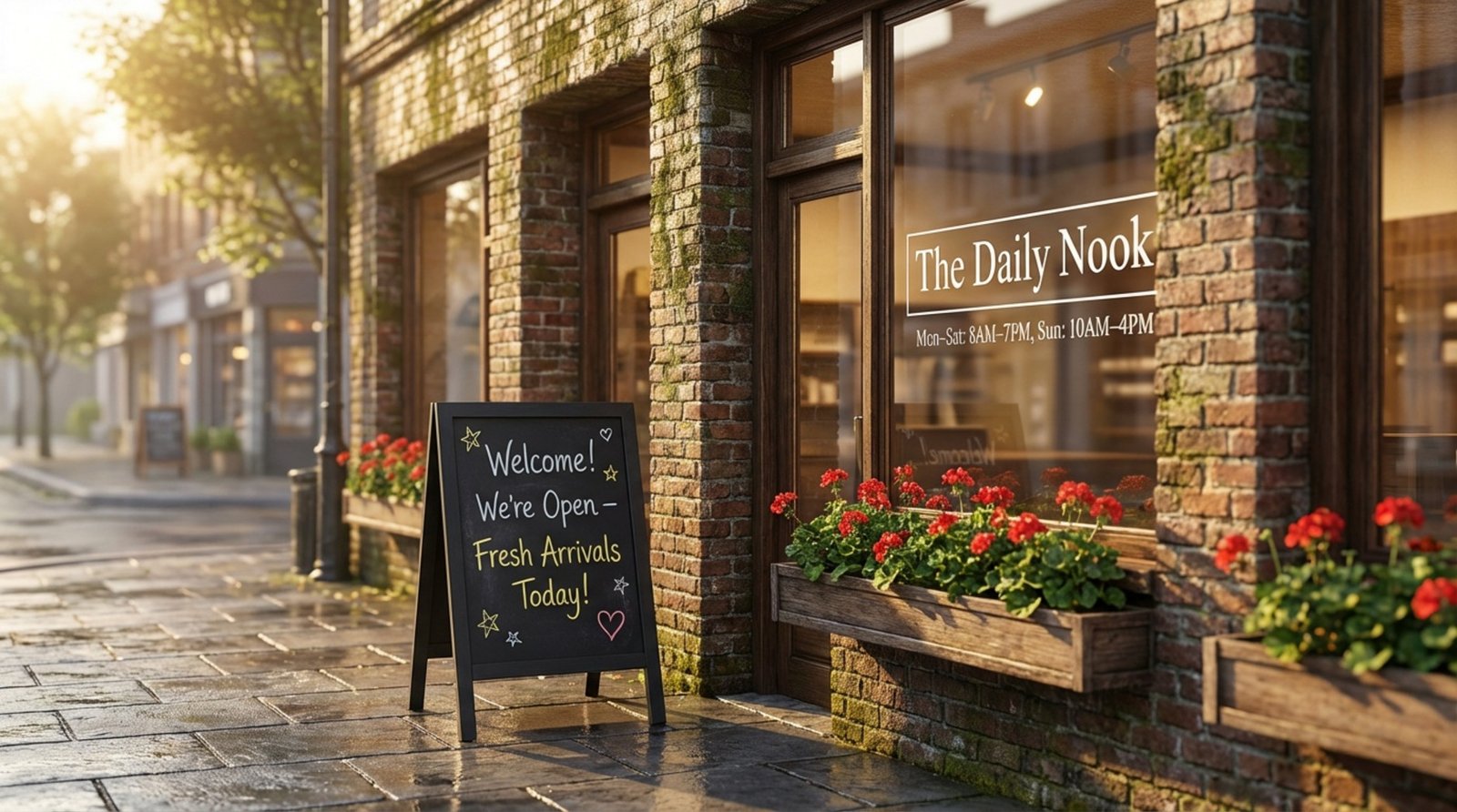 A welcoming storefront with a chalkboard sign and large window displaying store details in warm morning light.