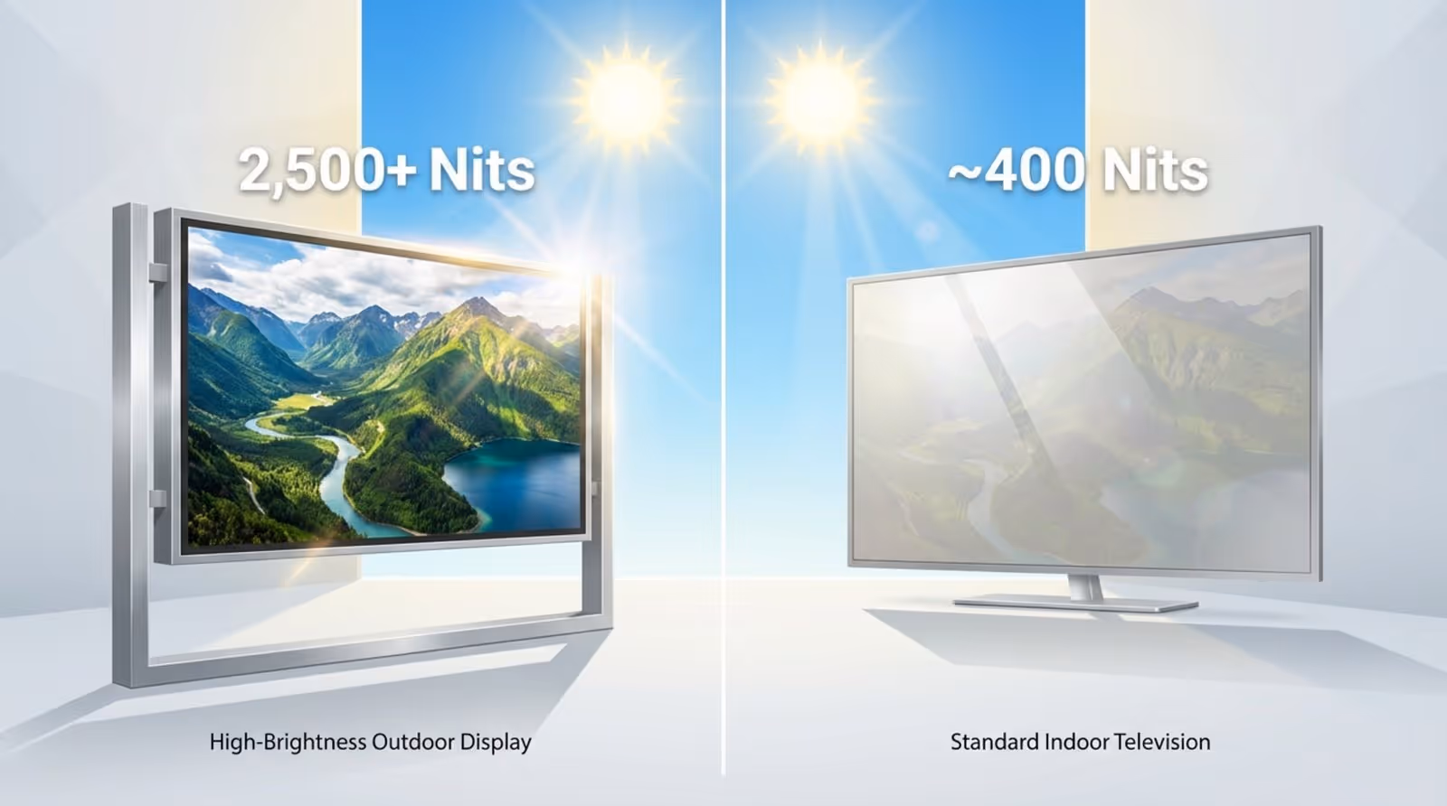 A split-screen infographic comparing outdoor and indoor displays under bright sunlight, highlighting brightness differences and visibility.