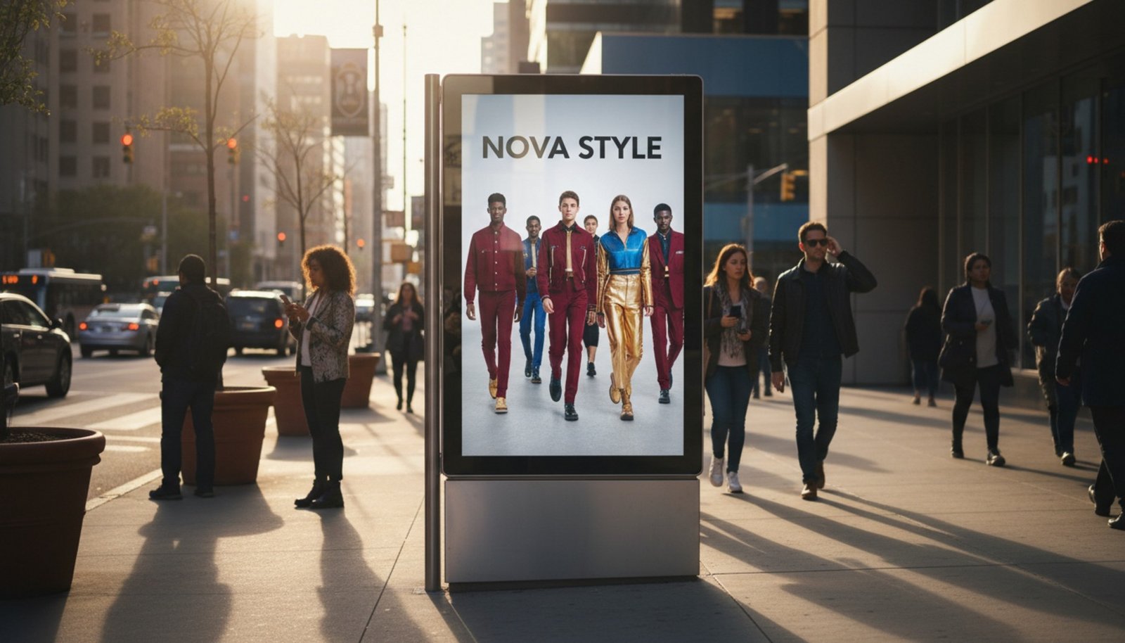 A vibrant digital advertisement on a sleek outdoor display catches pedestrians' attention on a busy city sidewalk.
