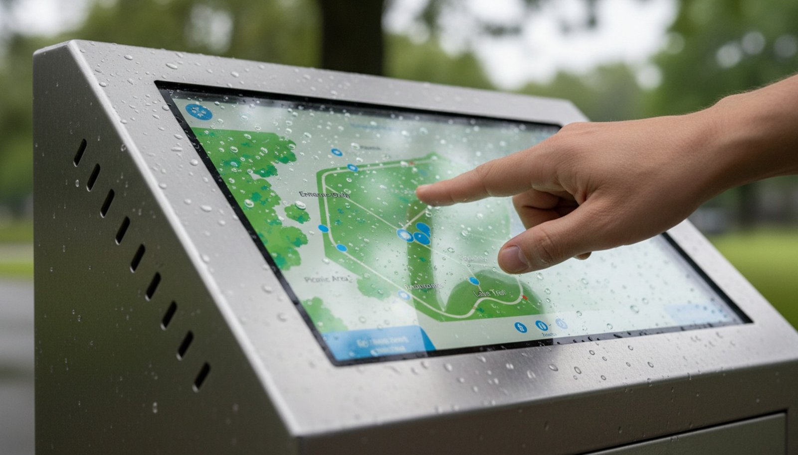 Close-up of a hand interacting with a weatherproof outdoor kiosk displaying a colorful park map.