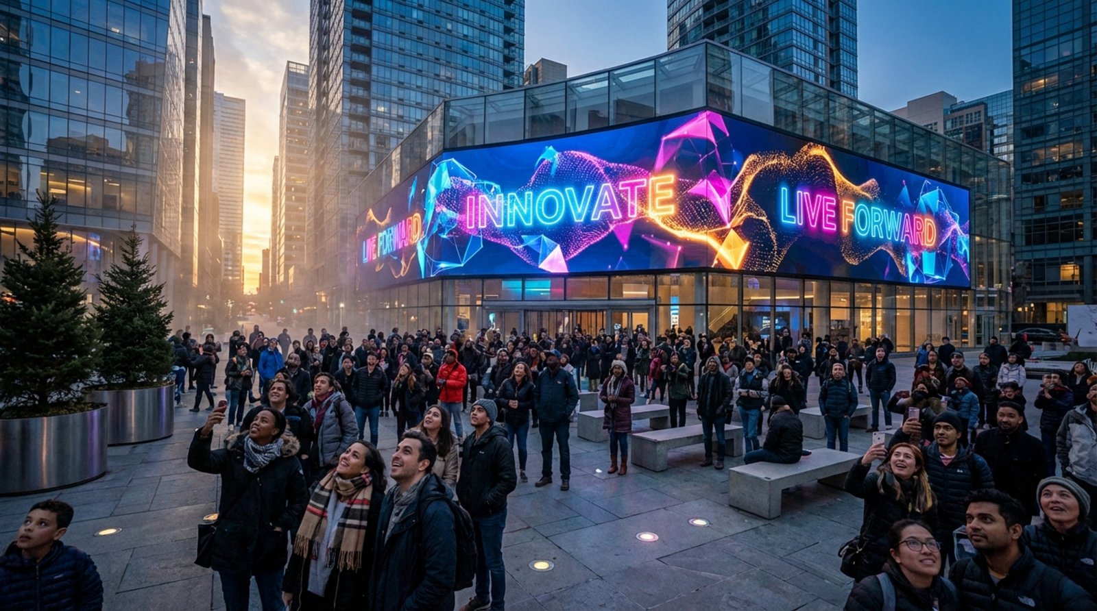 A diverse crowd gathers in a public square at dusk, watching a large outdoor LED screen with dynamic motion graphics.