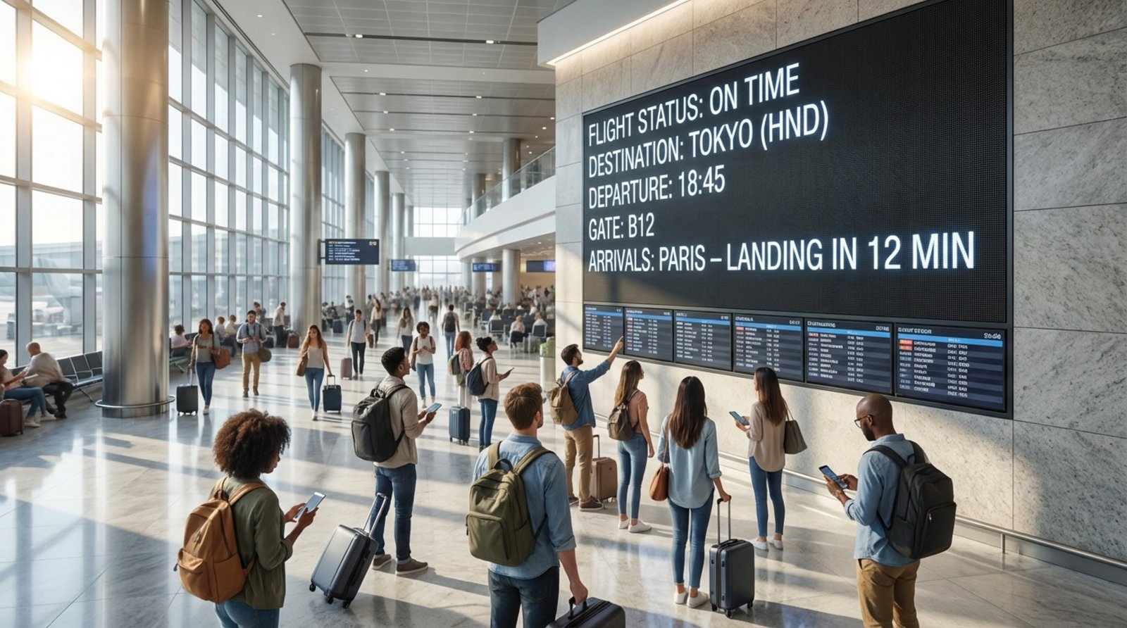 A large outdoor display shows real-time departure and arrival information in a modern transportation hub.