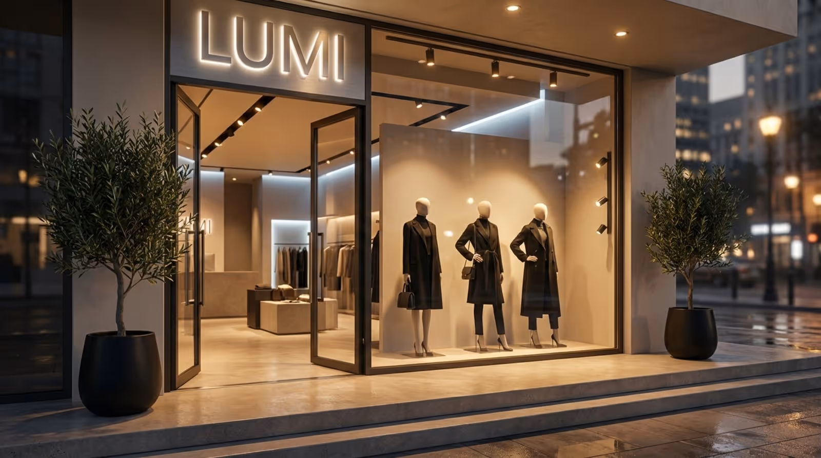 A stylish boutique storefront at dusk with elegant window displays and inviting lighting.