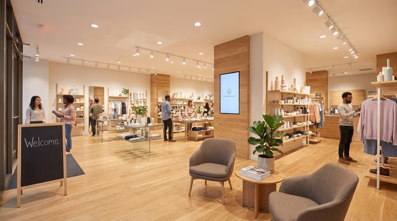 A spacious and inviting retail store interior with organized aisles and comfortable seating area.