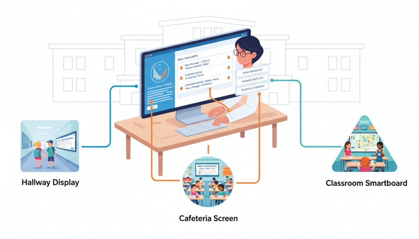 An infographic showing a school administrator managing communications through a central dashboard, with icons representing digital displays in hallways, cafeterias, and classrooms.