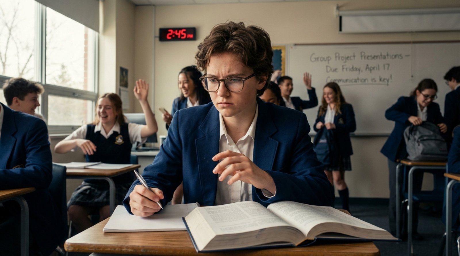 A high school student appears anxious and confused at their desk, highlighting feelings of being left behind in class.