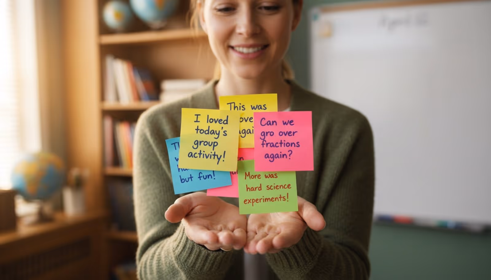 Close-up of teacher's hands holding colorful sticky notes with student feedback, illustrating gathering input to improve teaching.