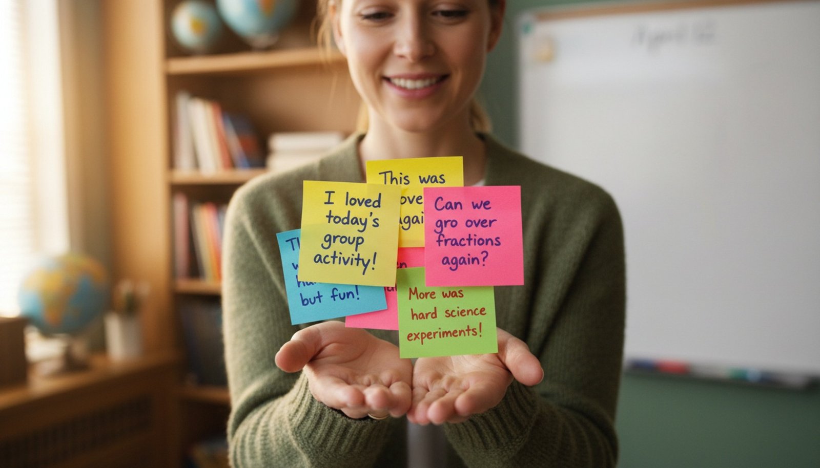 Close-up of teacher's hands holding colorful sticky notes with student feedback, illustrating gathering input to improve teaching.