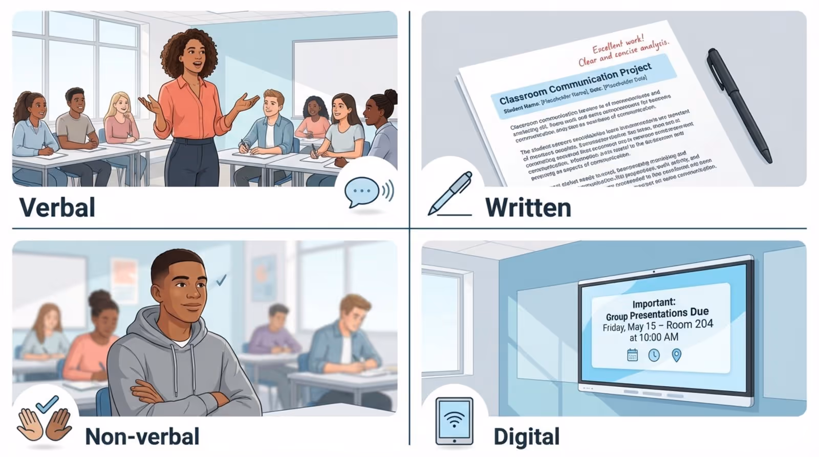A modern infographic illustrating four types of classroom communication including verbal, written, non-verbal, and digital methods with icons and labels.