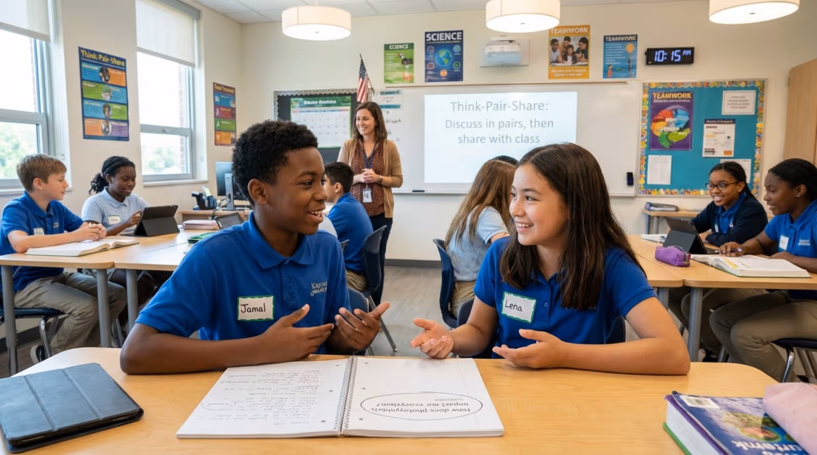 Two students discuss actively during a classroom activity while the teacher observes with a smile.