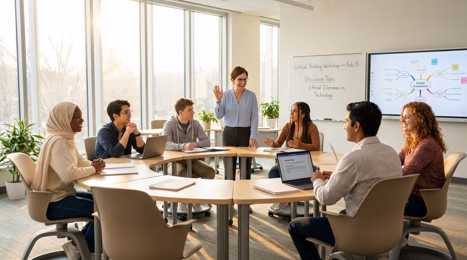A lively discussion in a bright modern classroom with engaged diverse students and a smiling teacher.