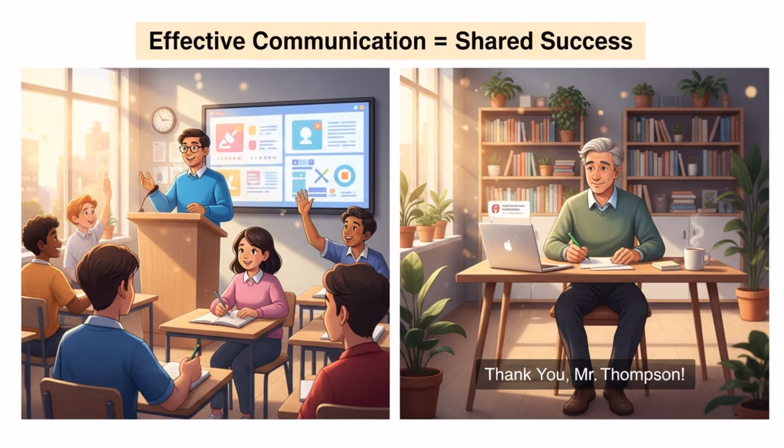 Bright illustration of a student presenting confidently to classmates and a content teacher at a desk, highlighting effective communication benefits.