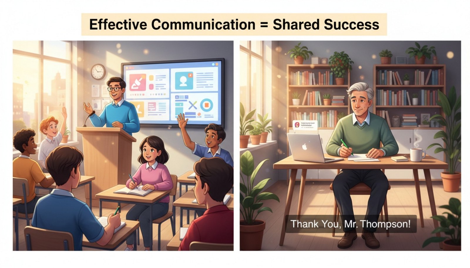 Bright illustration of a student presenting confidently to classmates and a content teacher at a desk, highlighting effective communication benefits.