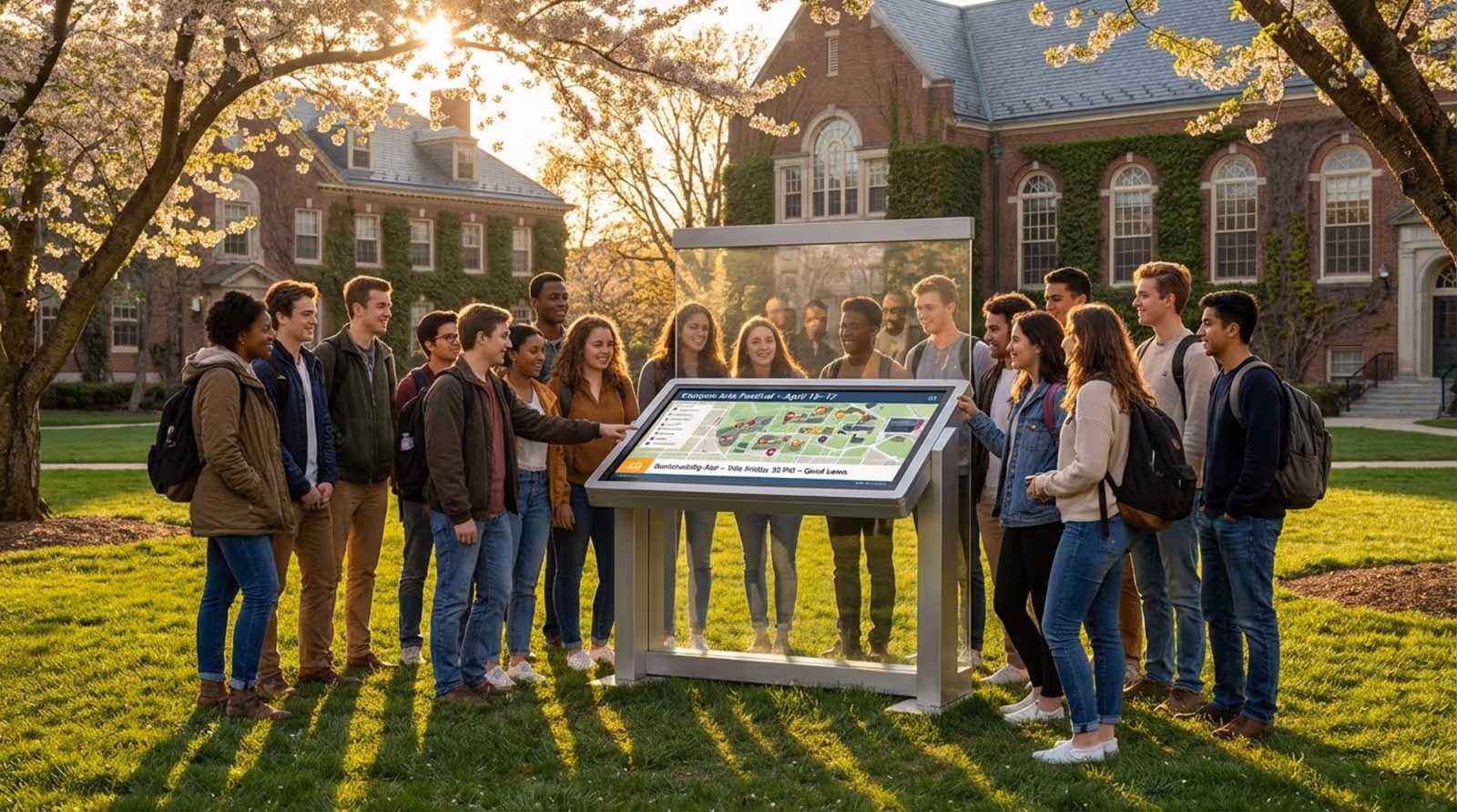 A diverse group of students gathers around an outdoor digital kiosk on a university lawn with campus buildings in the background.