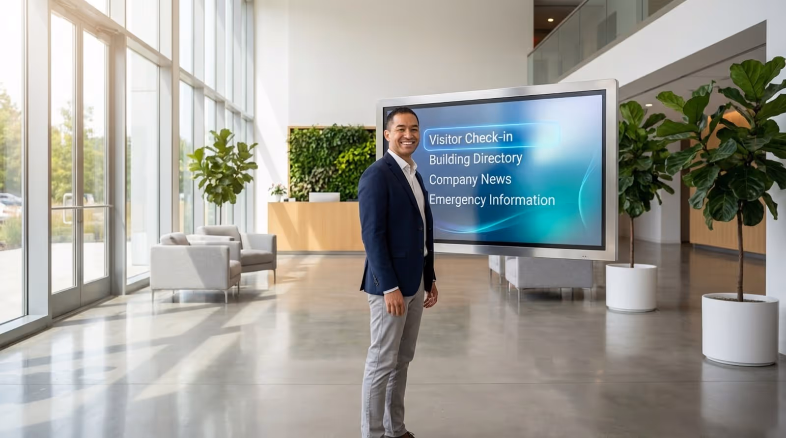 A professional interacts with a large wall-mounted touchscreen in a bright corporate lobby, showcasing a welcome interface with options for visitors and information.
