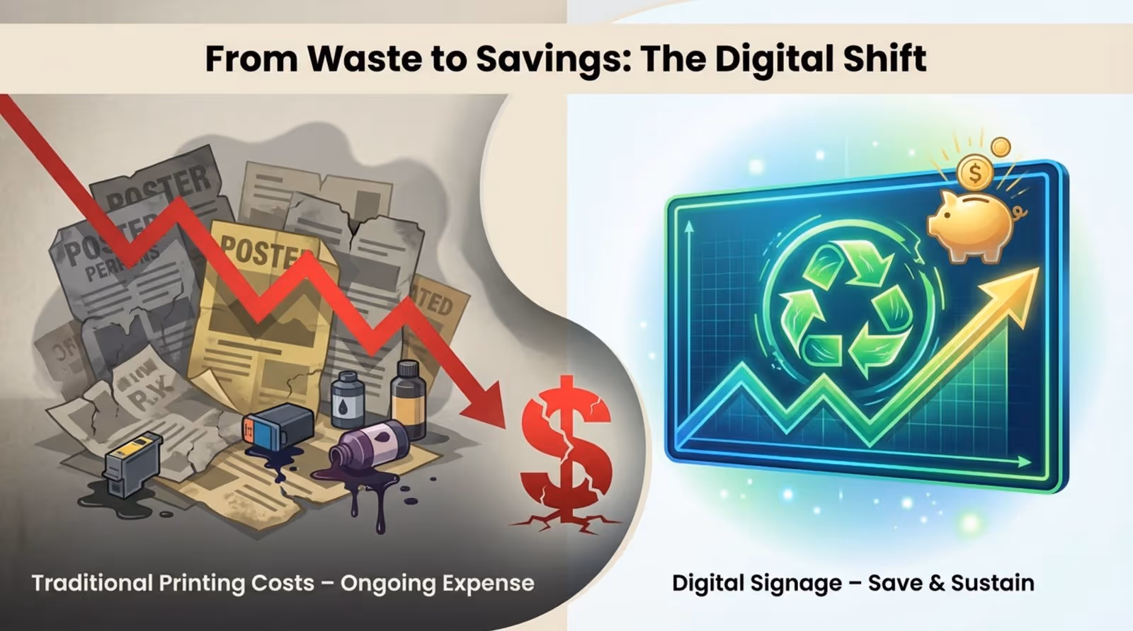 A split-screen infographic contrasting recurring costs with long-term savings through sustainability symbols.