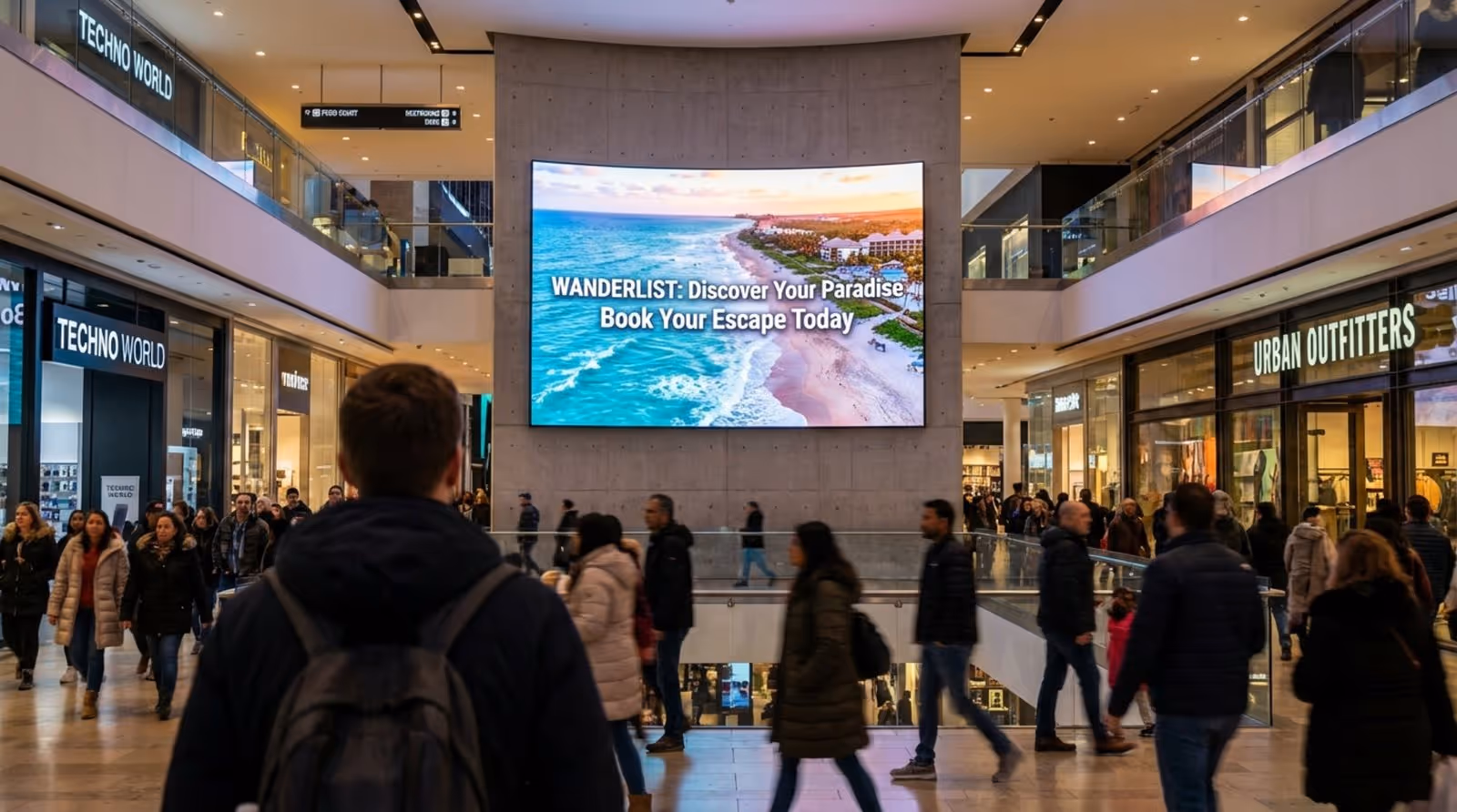 A shopper in a busy mall focuses on a vivid digital travel poster amid blurred signs and shoppers.