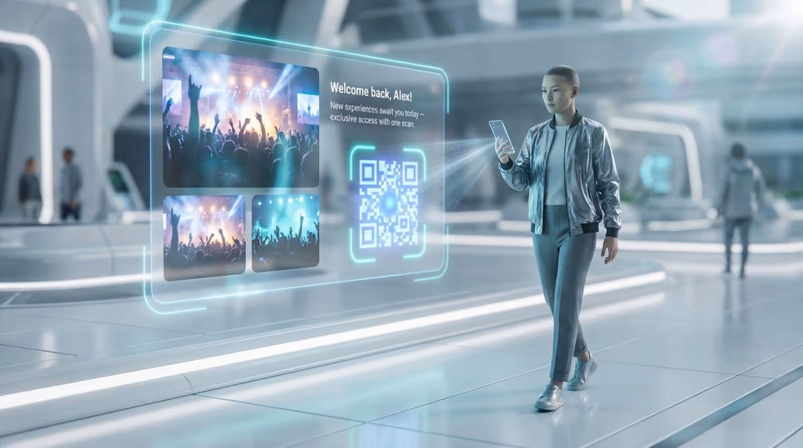 A person interacts with a floating digital poster displaying a QR code in a sleek public space.