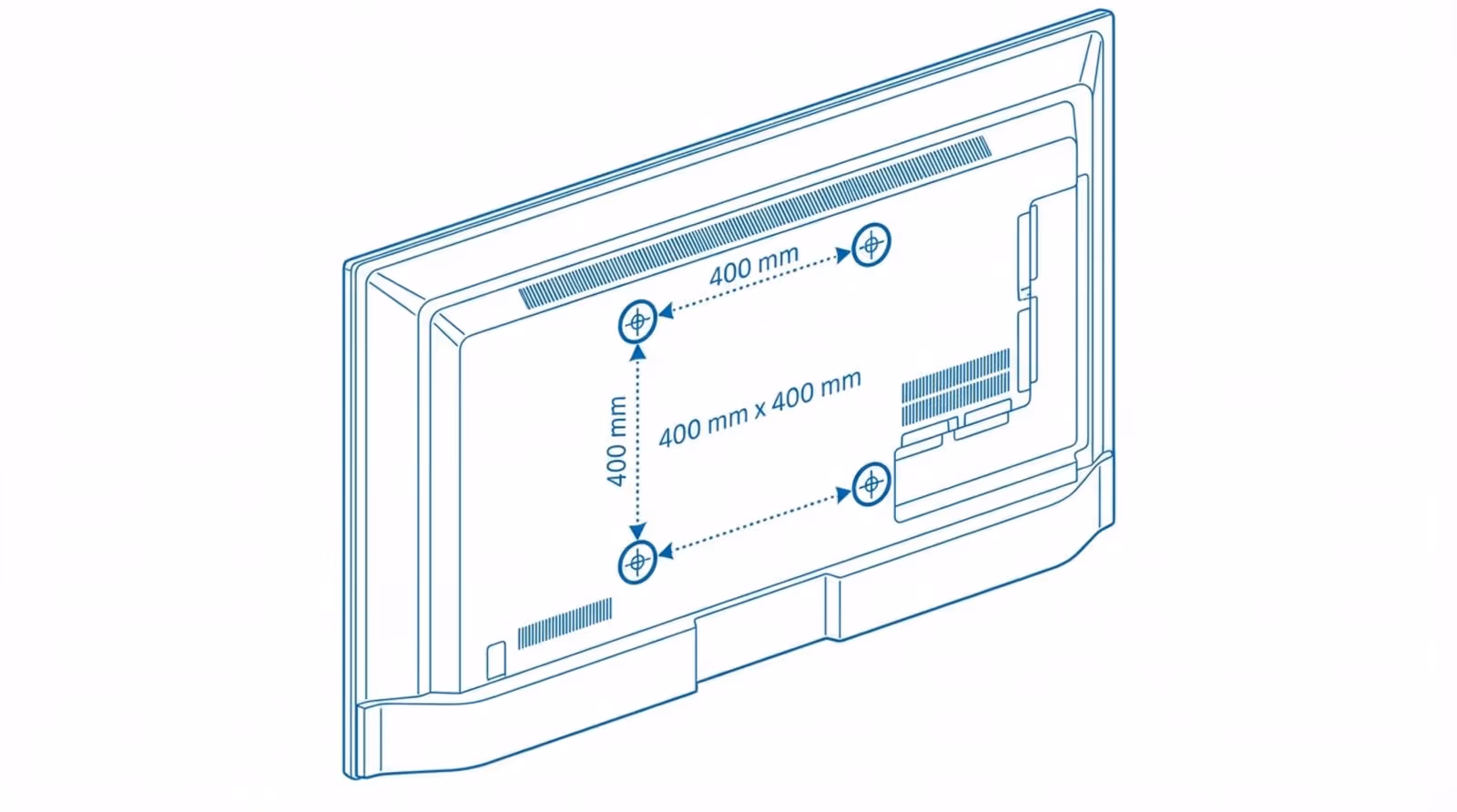 A technical diagram of a flat-screen TV back showing VESA mounting holes with measurements and pattern illustration.