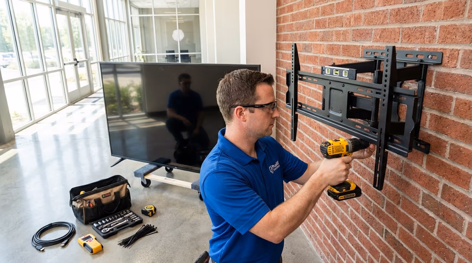A professional installer secures a large TV to a brick wall in a modern office lobby, demonstrating precise and safe mounting procedures.