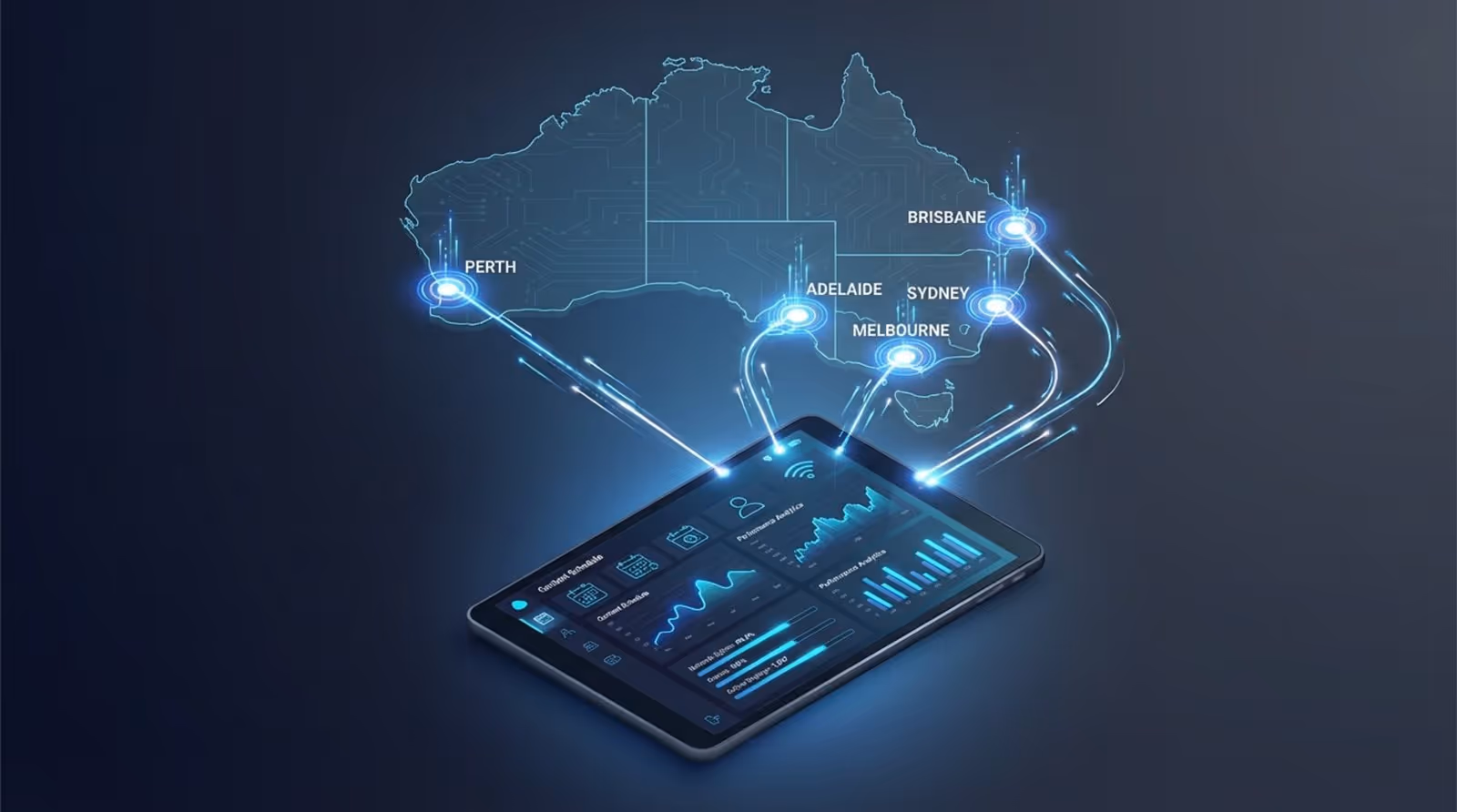 An infographic showing Australia's map with glowing city nodes connected to a futuristic tablet dashboard for content scheduling and analytics.