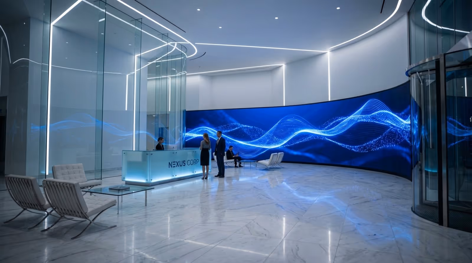 A sleek corporate lobby with a large curved LED screen displaying abstract blue and white lights reflecting on polished marble floors.