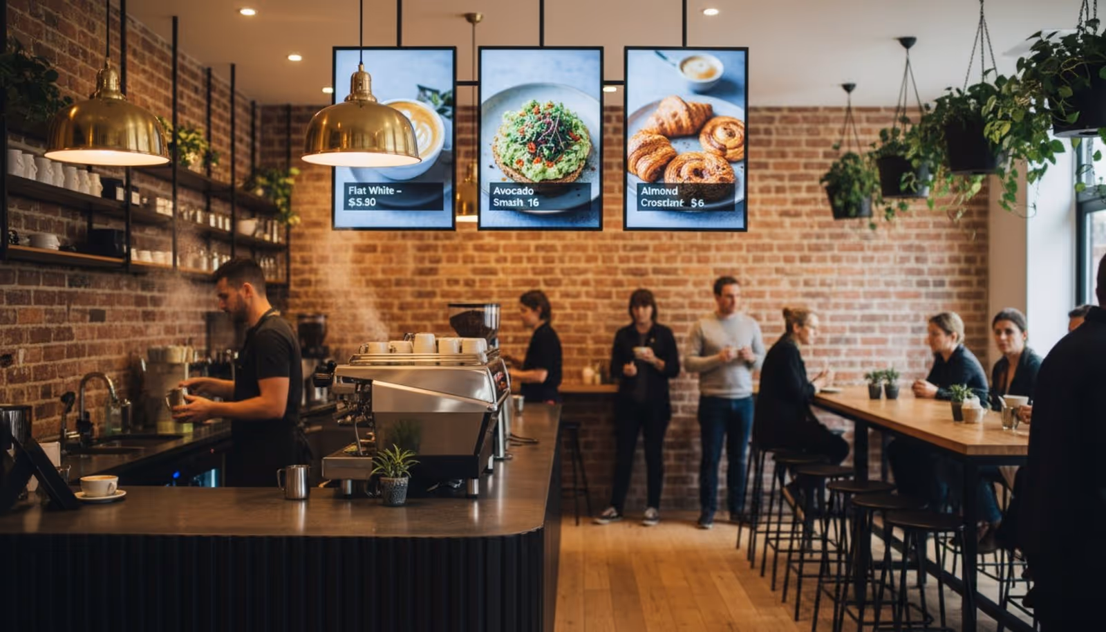 A modern bustling Australian cafe with digital menu boards displaying breakfast items and warm inviting lighting.