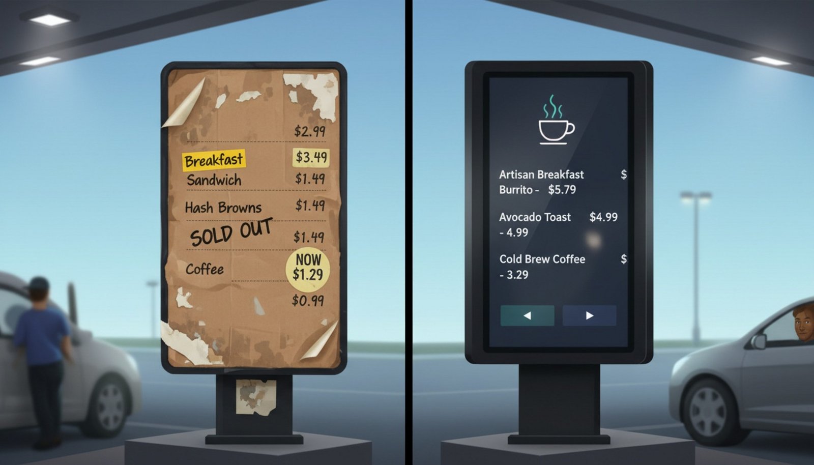 Split-screen comparison of an outdated faded drive-thru menu and a bright modern digital menu with animated steam, illustrating technological evolution.