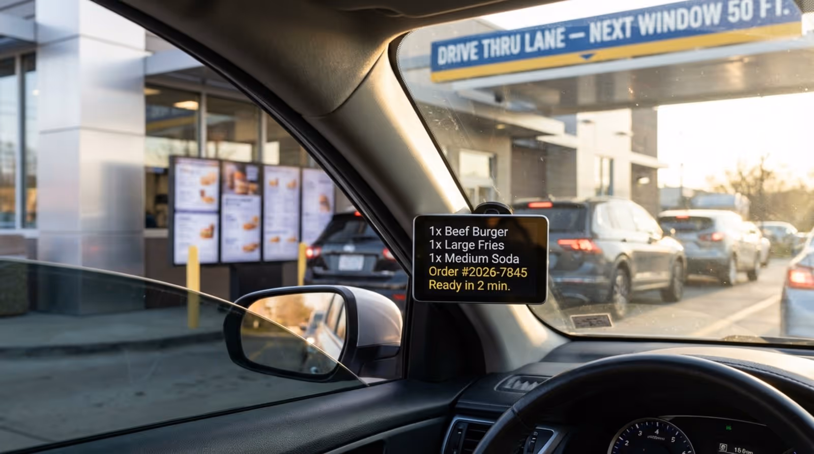 Inside a car at a drive-thru showing a digital order confirmation screen with a line of cars in the background.