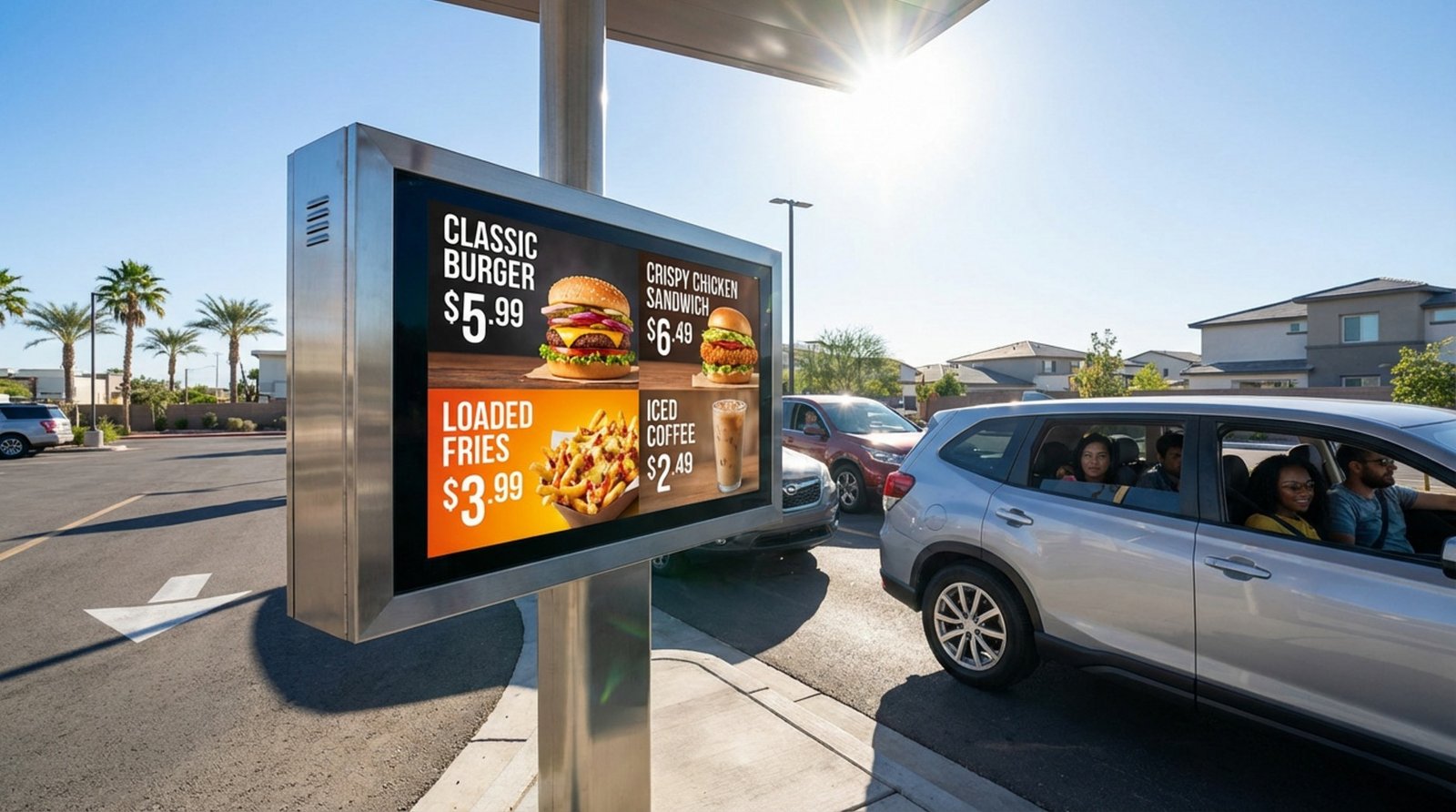 Photorealistic outdoor digital menu board displaying high-contrast content under bright midday sunlight.