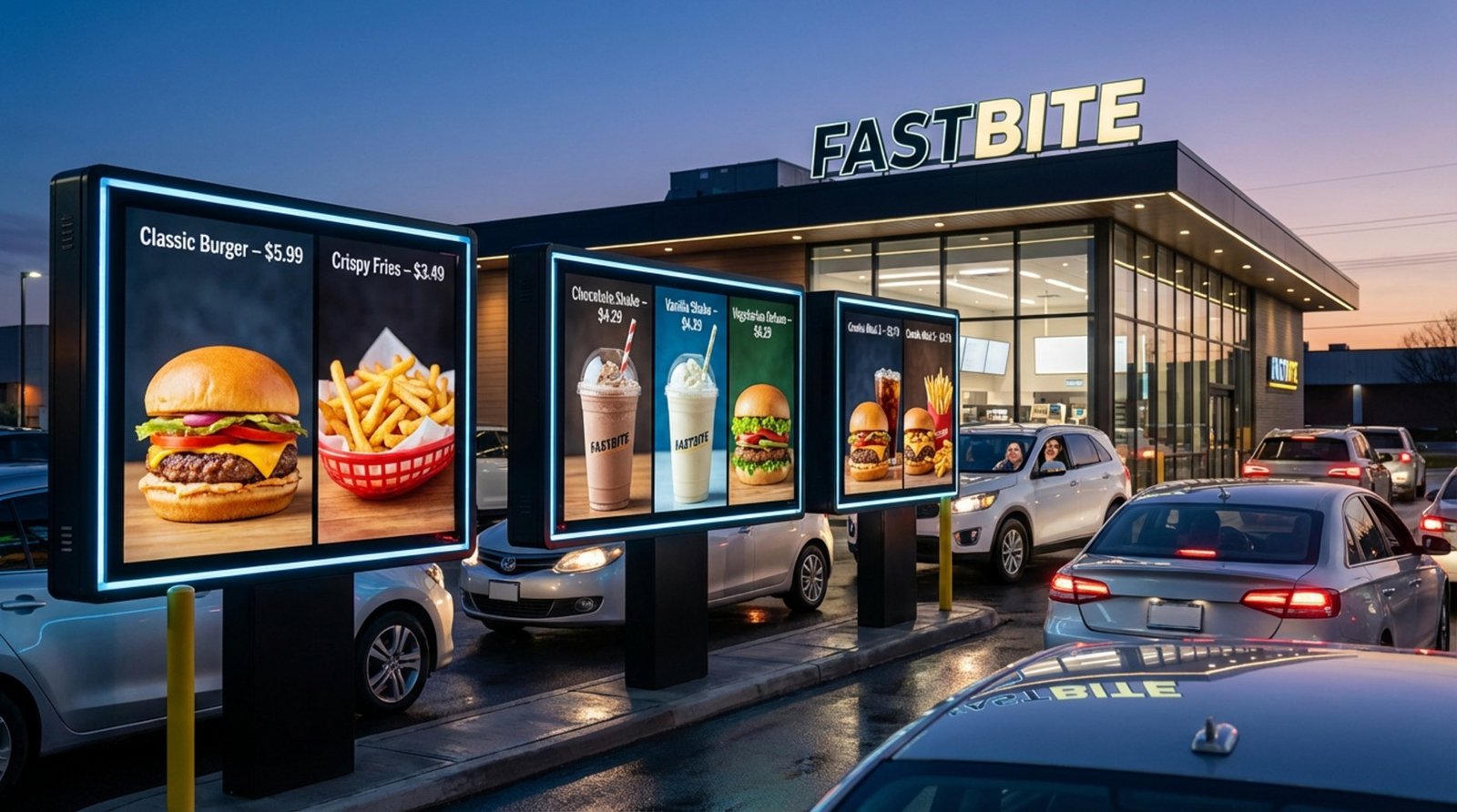 A drive-thru lane at dusk with digital menu boards displaying food images and cars waiting in line.