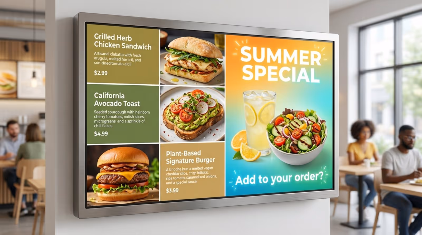 A digital menu board promoting a summer special combo with appetizing food images and upselling prompts.