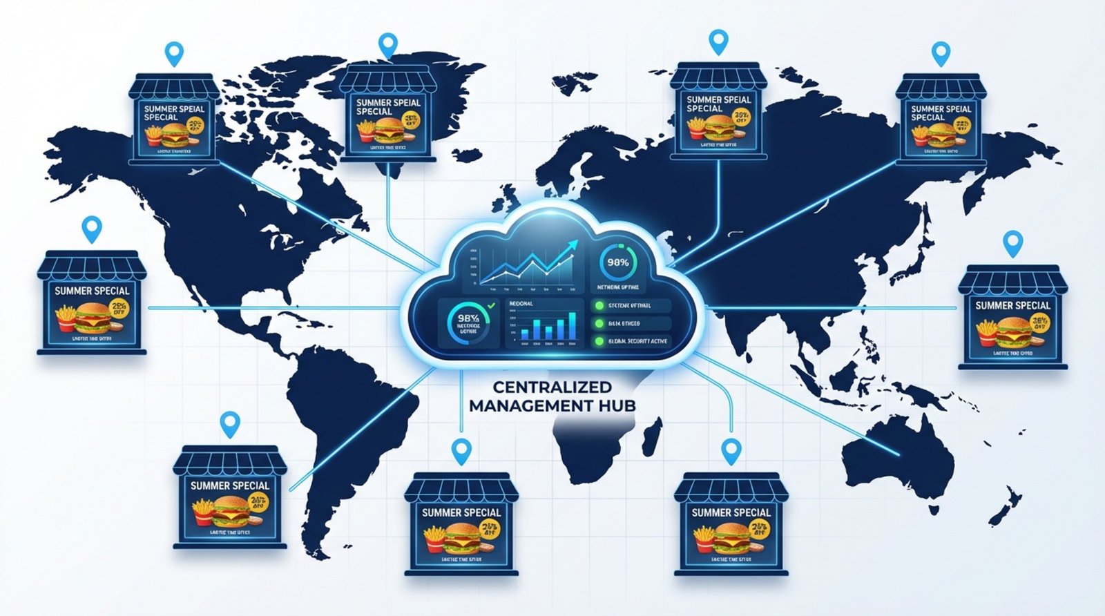 A corporate diagram showing centralized management of a franchise with a cloud connecting to multiple restaurant icons displaying synchronized promotional updates.