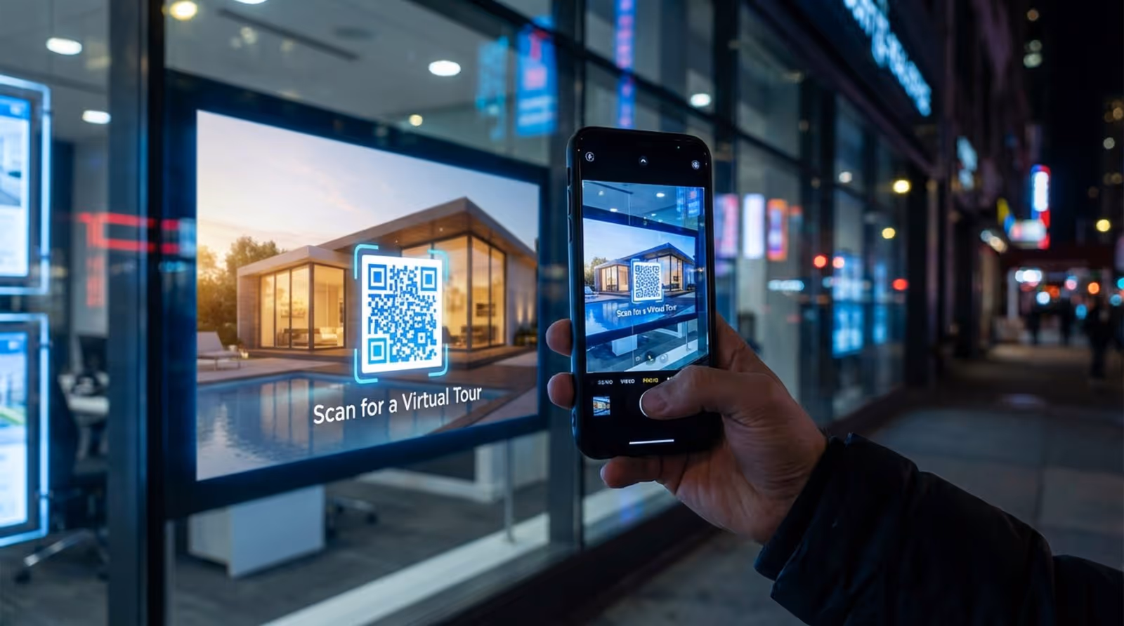 A hand holds a smartphone up to a digital real estate display at night, focusing on a glowing QR code for a virtual tour.