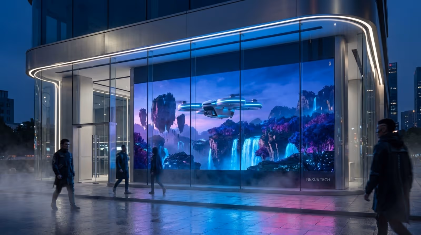 A large tech store facade at dusk featuring a video wall displaying a futuristic drone flying over a landscape.