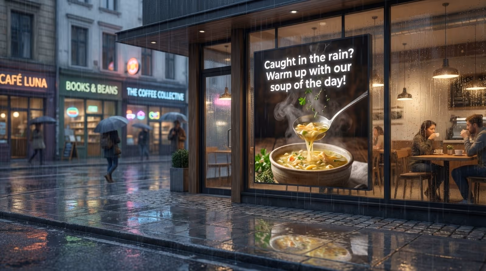 A storefront on a rainy day with a digital display advertising hot soup to warm customers.