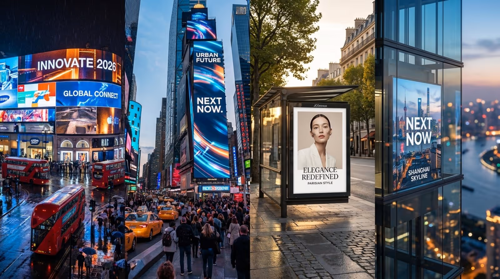 A collage of iconic outdoor advertising displays from around the world showcasing the global reach of top companies.