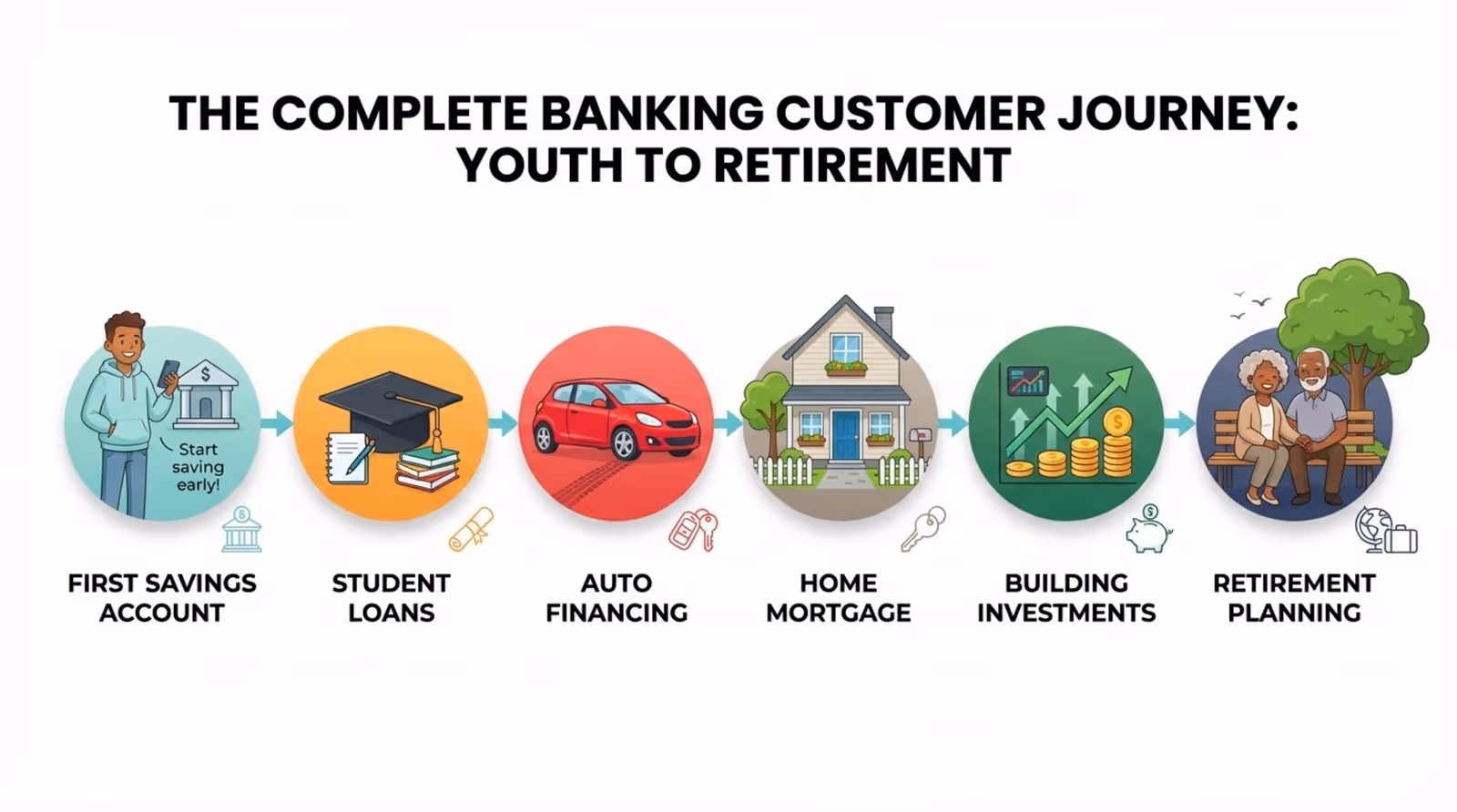 A colorful infographic timeline illustrating key banking milestones from opening an account to retirement with icons representing each stage.