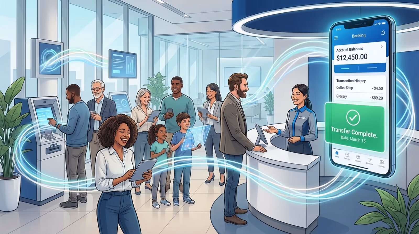 A modern illustration showing happy customers engaging with their finances through digital and physical banking elements in a futuristic style.
