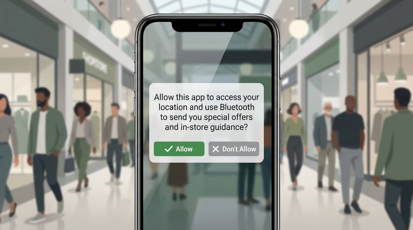 A stylized illustration of a smartphone screen showing a permission pop-up for location and Bluetooth access, highlighting a key decision point in beacon marketing.