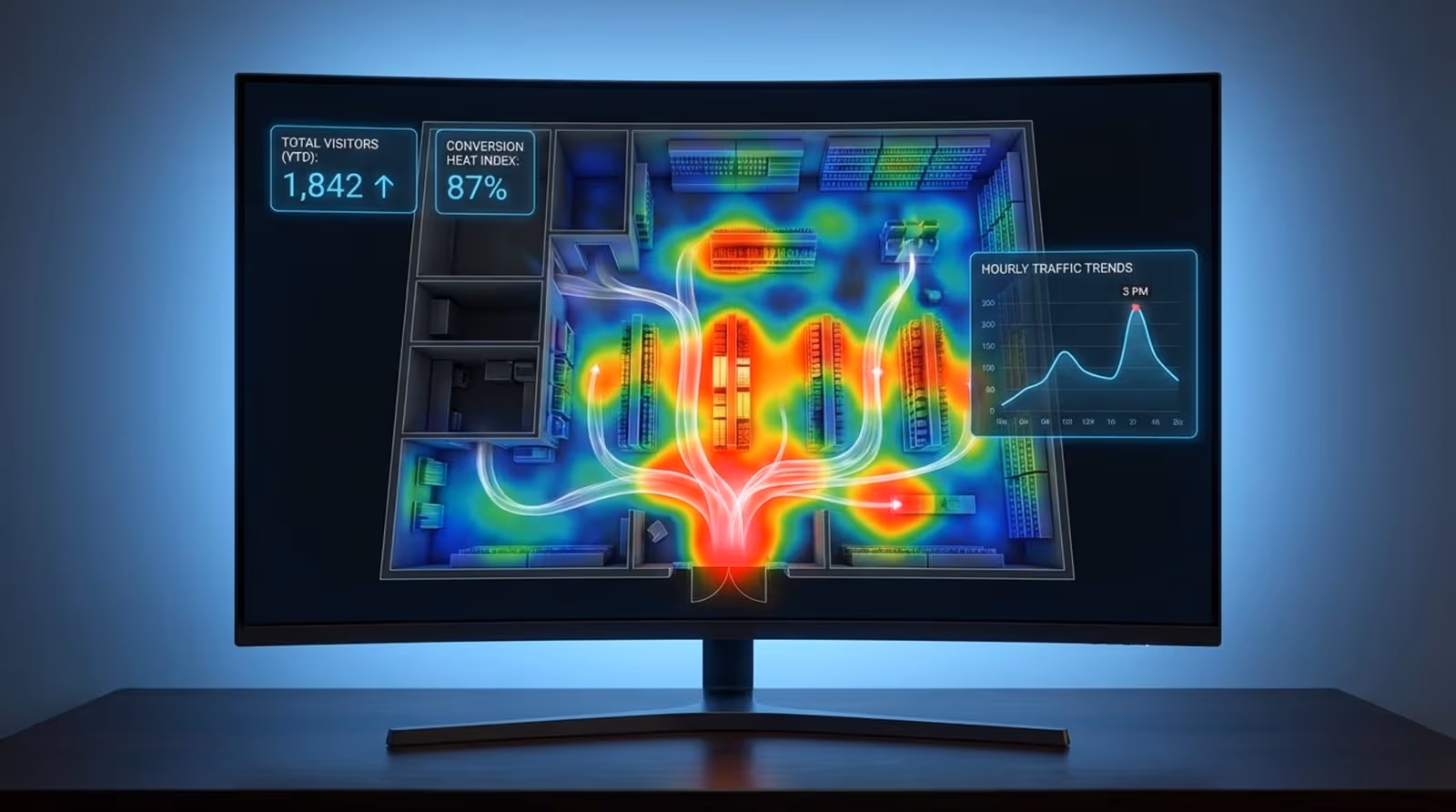 A retail store layout transformed into a colorful heat map showing customer foot traffic patterns.