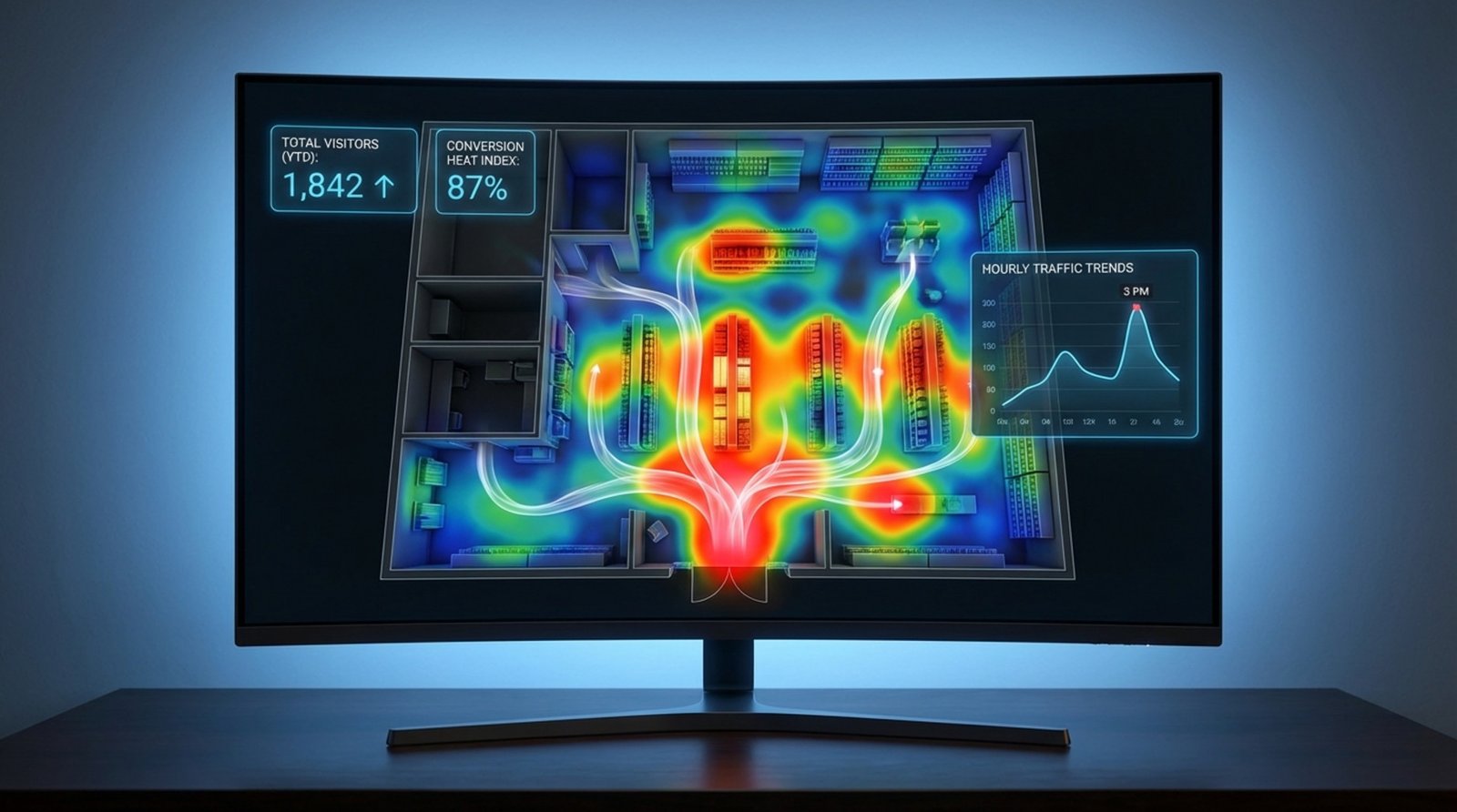 A retail store layout transformed into a colorful heat map showing customer foot traffic patterns.