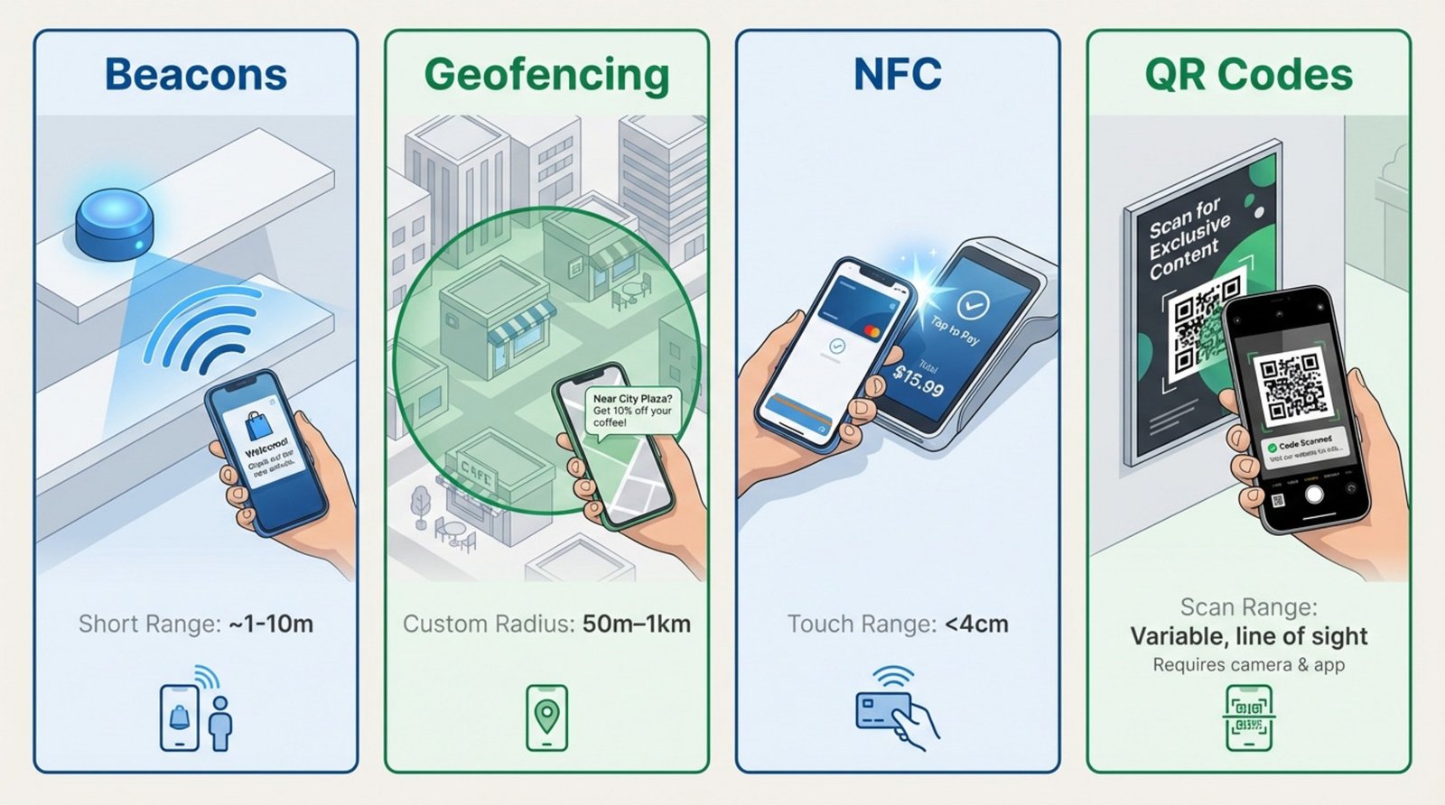 A comparative infographic illustrating four proximity technologies with icons and minimal text to show their range and interaction method.