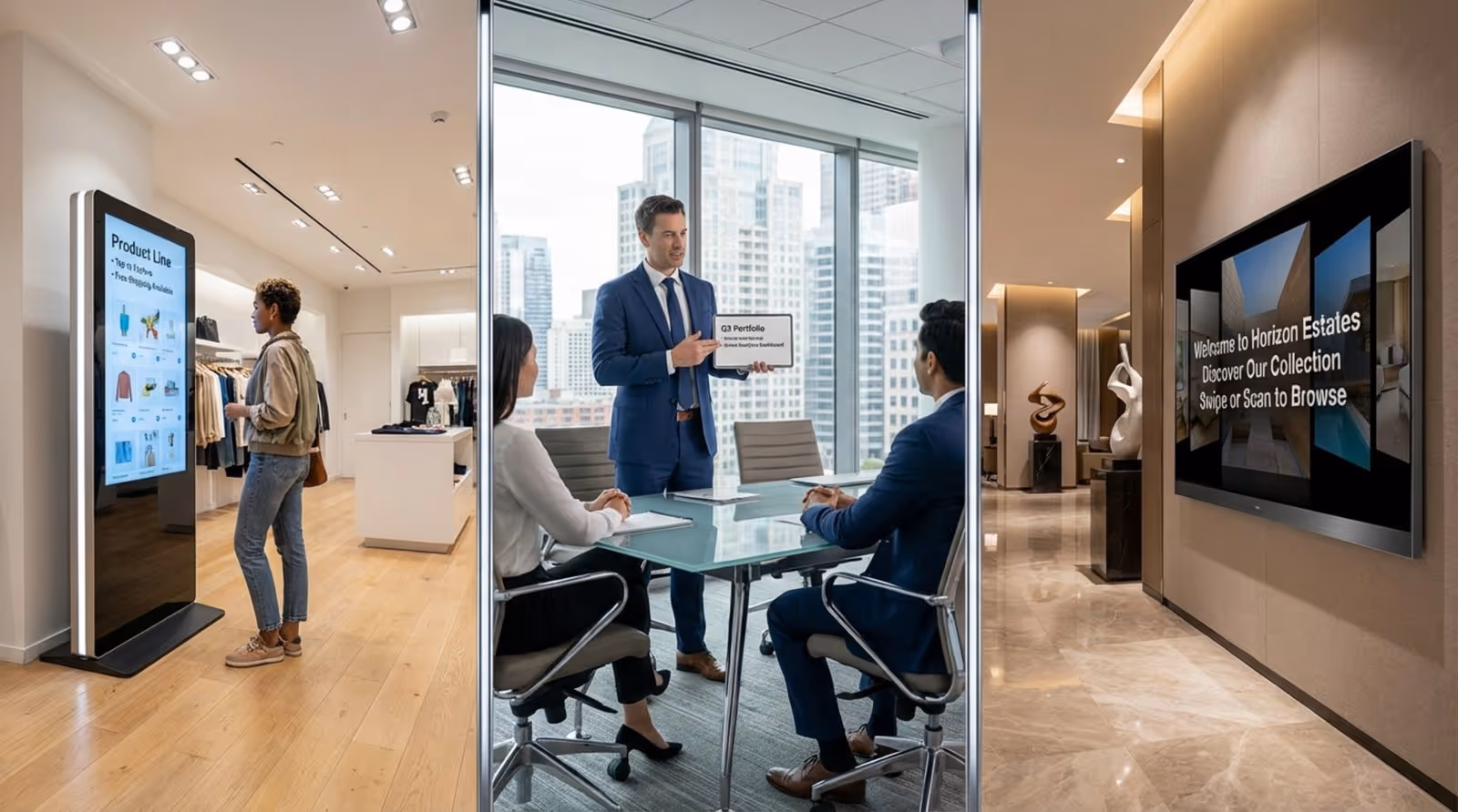 Photorealistic collage of digital catalogues in retail, corporate, and hospitality settings showing interactive screens and tablets.