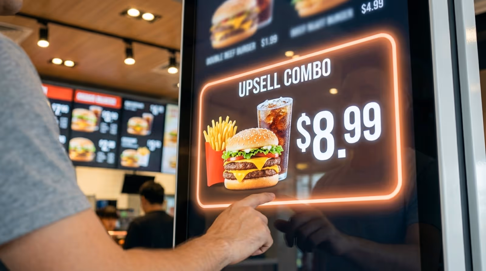 Close-up of a digital menu board highlighting an upsell combo with a burger fries and soda, with a customer's hand pointing at the screen.
